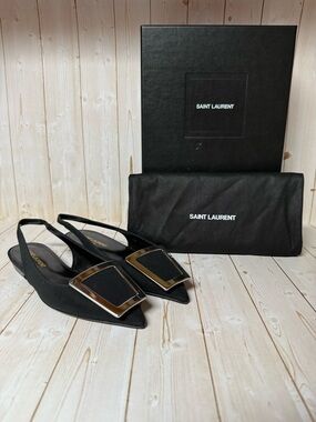 Saint Laurent Maxine Crepe de Chine Slingback Flats Black Sz 34 / 4